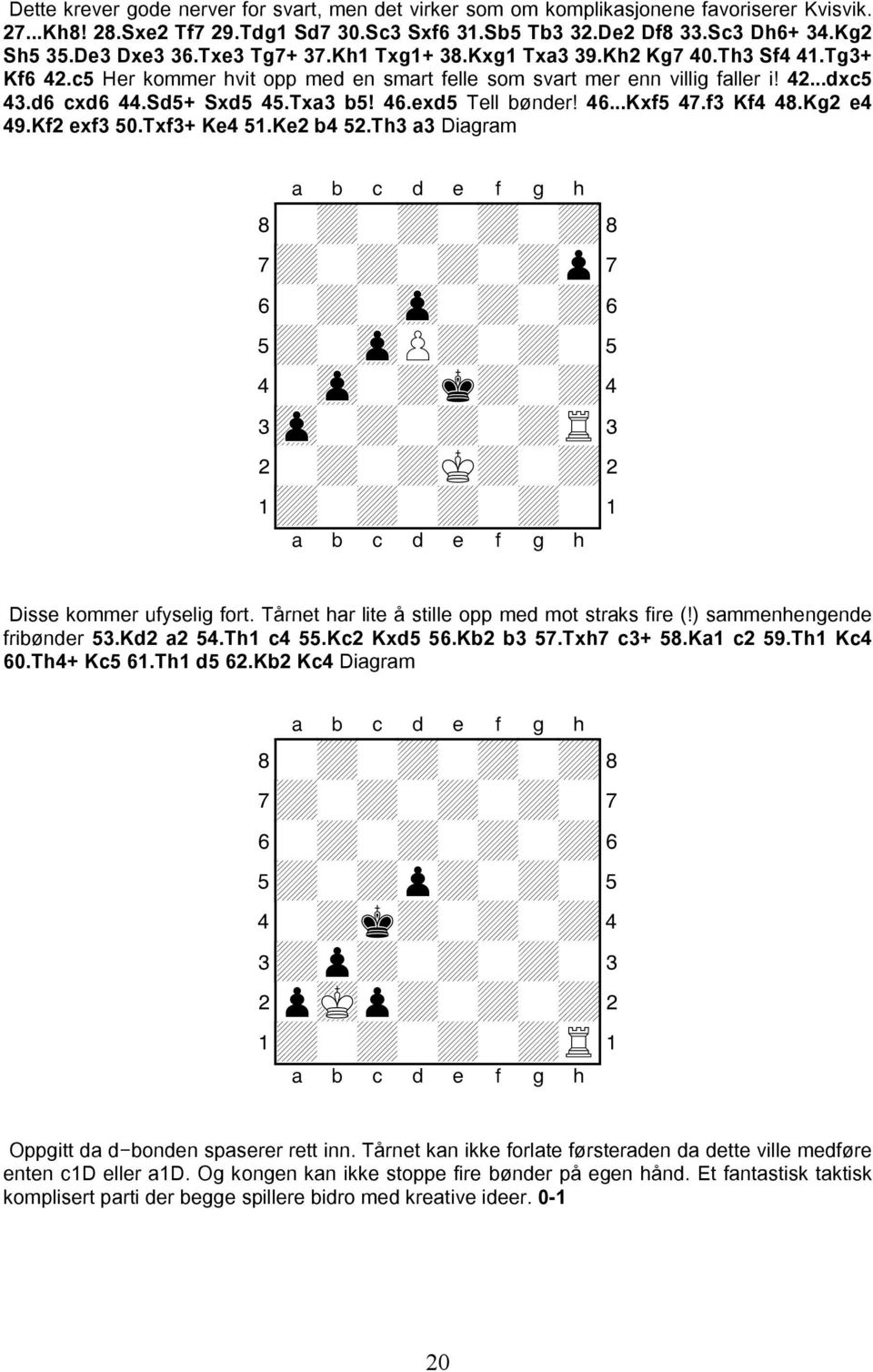 Txa3 b5! 46.exd5 Tell bønder! 46...Kxf5 47.f3 Kf4 48.Kg2 e4 49.Kf2 exf3 50.Txf3+ Ke4 51.Ke2 b4 52.Th3 a3 Diagram + + + + + + + + + + + + Disse kommer ufyselig fort.