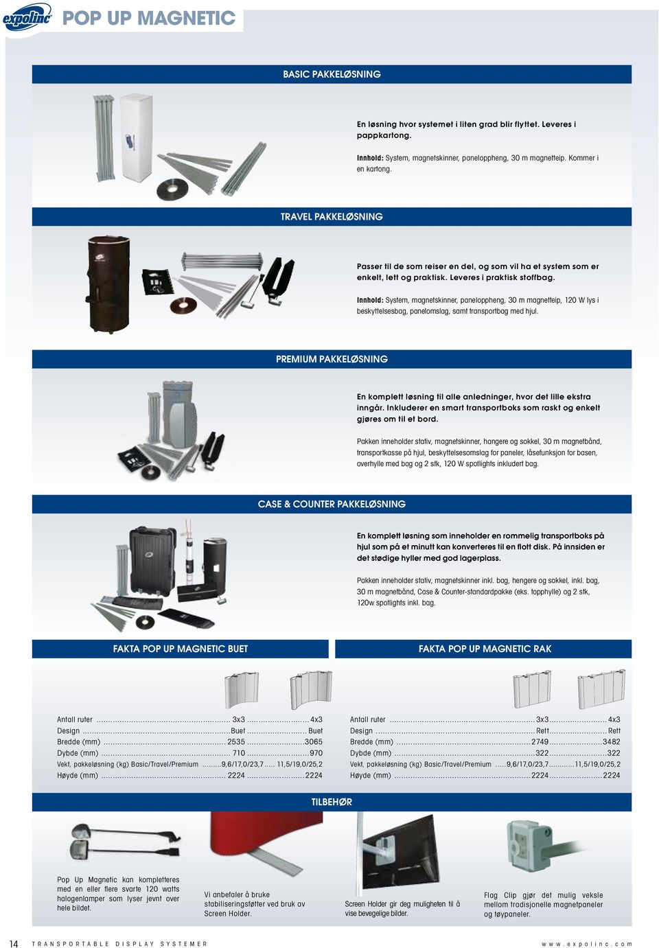 Innhold: System, magnetskinner, paneloppheng, 30 m magnetteip, 120 W lys i beskyttelsesbag, panelomslag, samt transportbag med hjul.