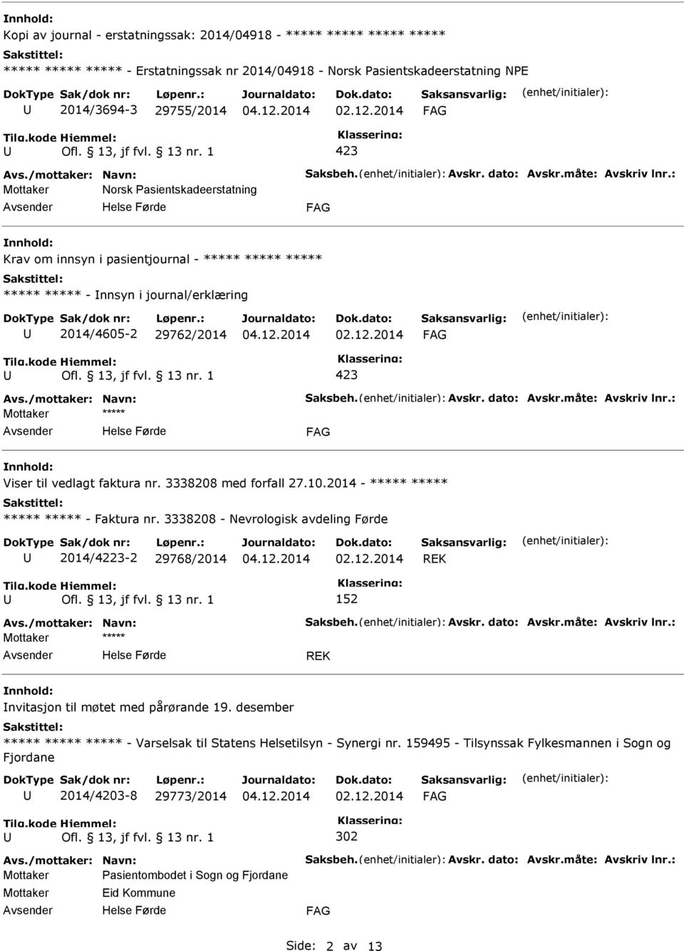 2014 - ***** ***** ***** ***** - Faktura nr. 3338208 - Nevrologisk avdeling Førde 2014/4223-2 29768/2014 REK 152 REK nvitasjon til møtet med pårørande 19.