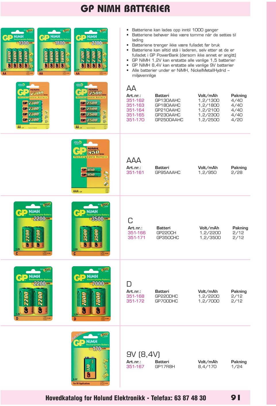 batterier under er NiMH, NickelMetallHydrid miljøvennlige AA : Batteri Volt/mAh Pakning 351-162 GP130AAHC 1,2/1300 4/40 351-163 GP180AAHC 1,2/1800 4/40 351-164 GP210AAHC 1,2/2100 4/40 351-165