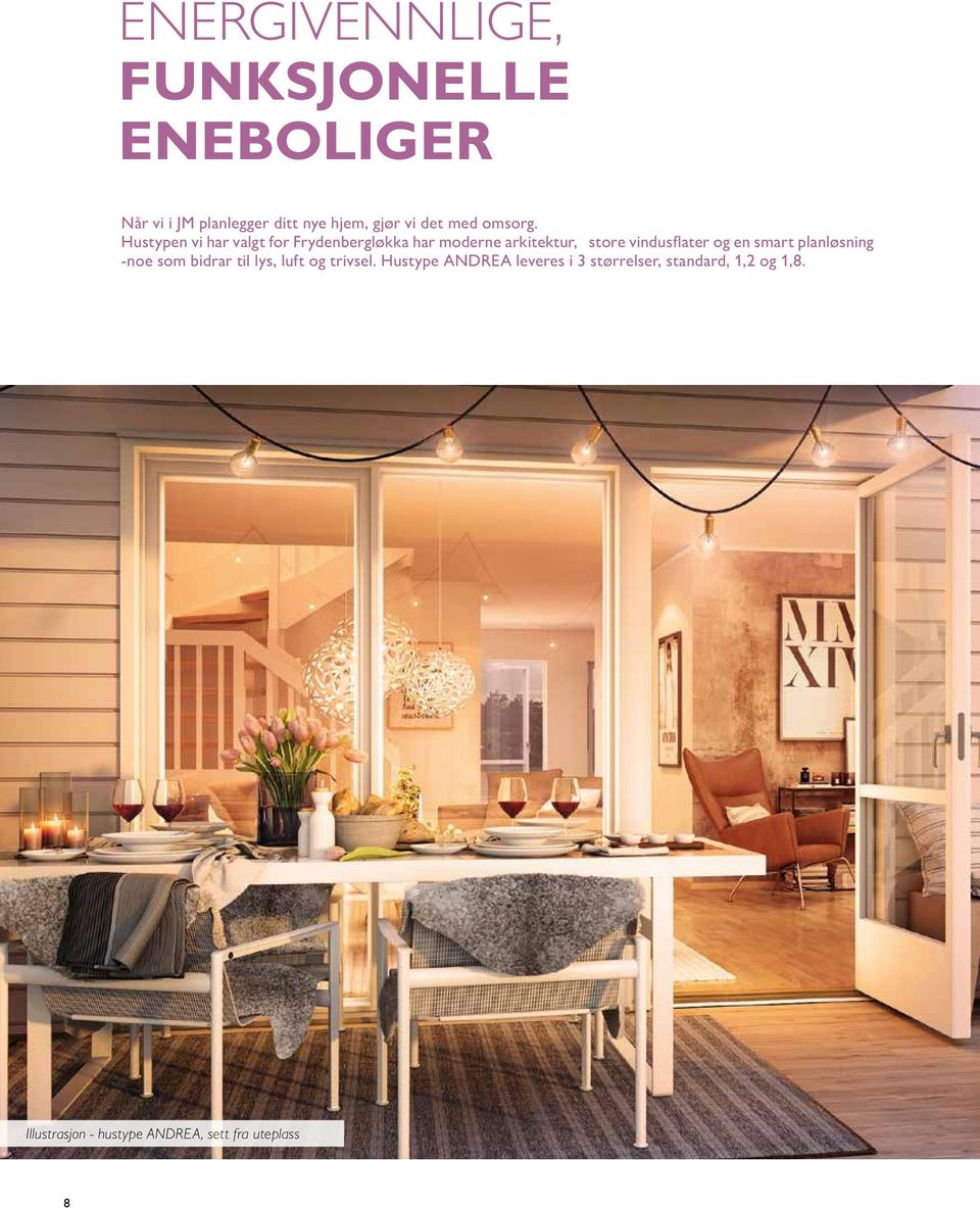 Hustypen vi har valgt for Frydenbergløkka har moderne arkitektur, store vindusflater og en