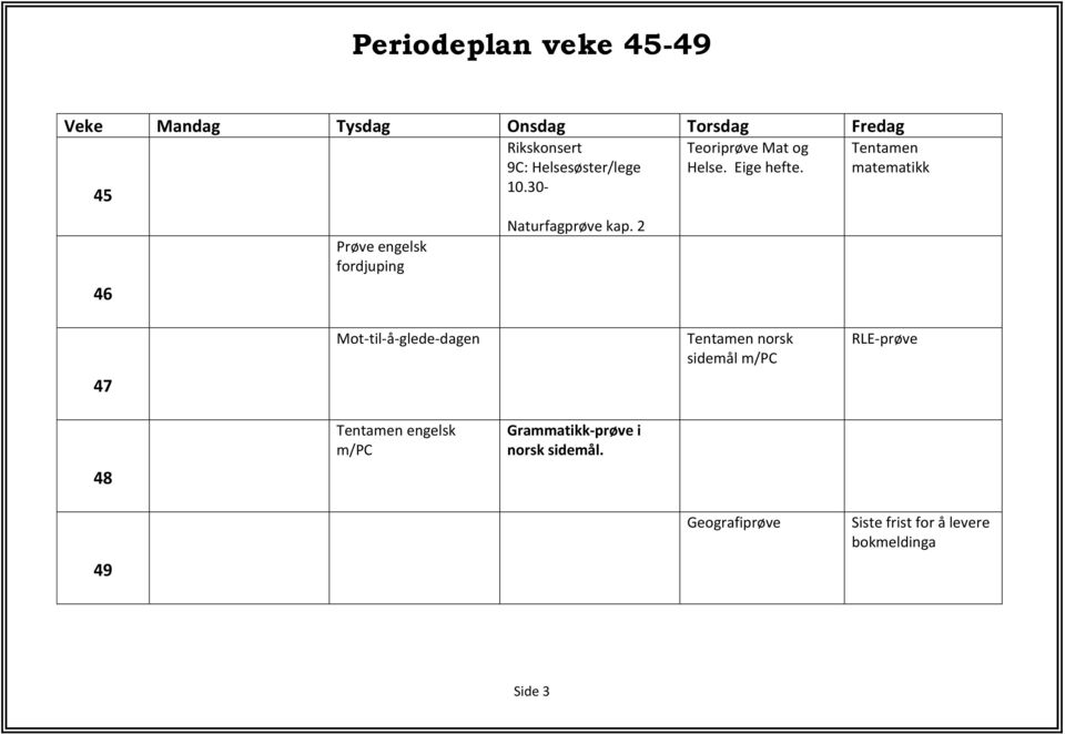 Tentamen matematikk 47 Mot-til-å-glede-dagen Tentamen norsk sidemål m/pc RLE-prøve 48 Tentamen