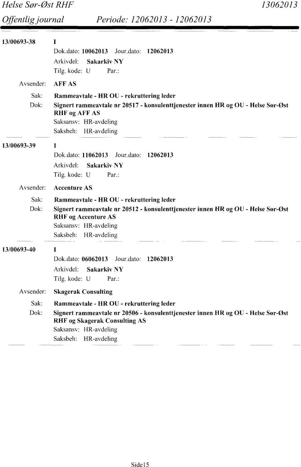 HR-avdeling 13/00693-39 Accenture AS Sak: Rammeavtale - HR OU - rekruttering leder Dok: Signert rammeavtale nr 20512 - konsulenttjenester innen og OU - Helse Sør-Øst RHF og Accenture AS