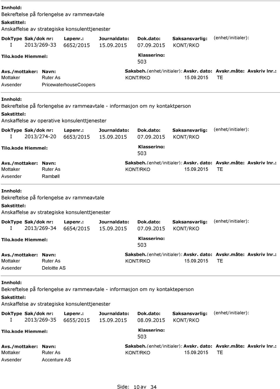 /mottaker: Navn: Saksbeh. Avskr. dato: Avskr.måte: Avskriv lnr.: TE Rambøll nnhold: Bekreftelse på forlengelse av rammeavtale Anskaffelse av strategiske konsulenttjenester 2013/269-34 6654/2015 07.09.