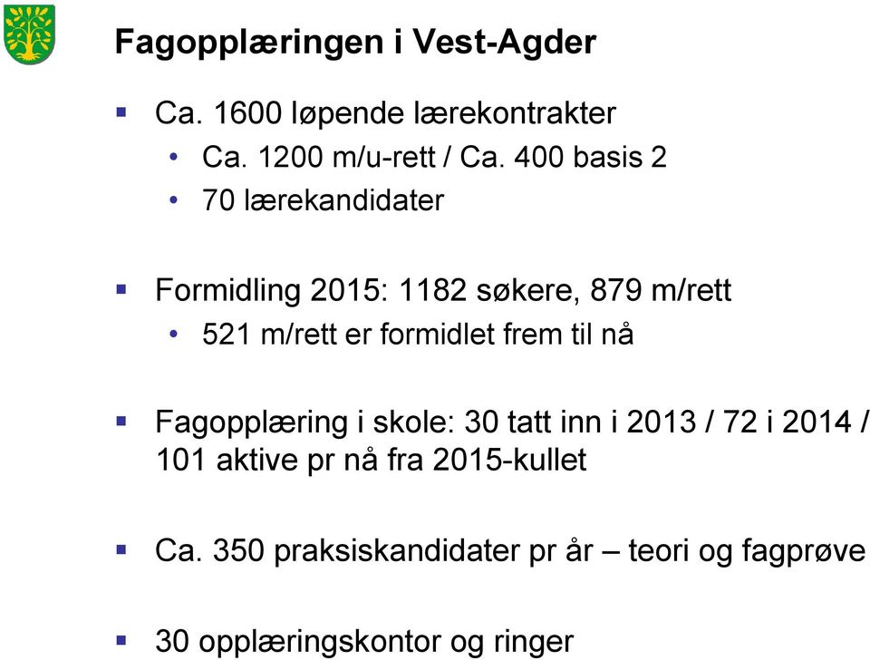 formidlet frem til nå Fagopplæring i skole: 30 tatt inn i 2013 / 72 i 2014 / 101 aktive