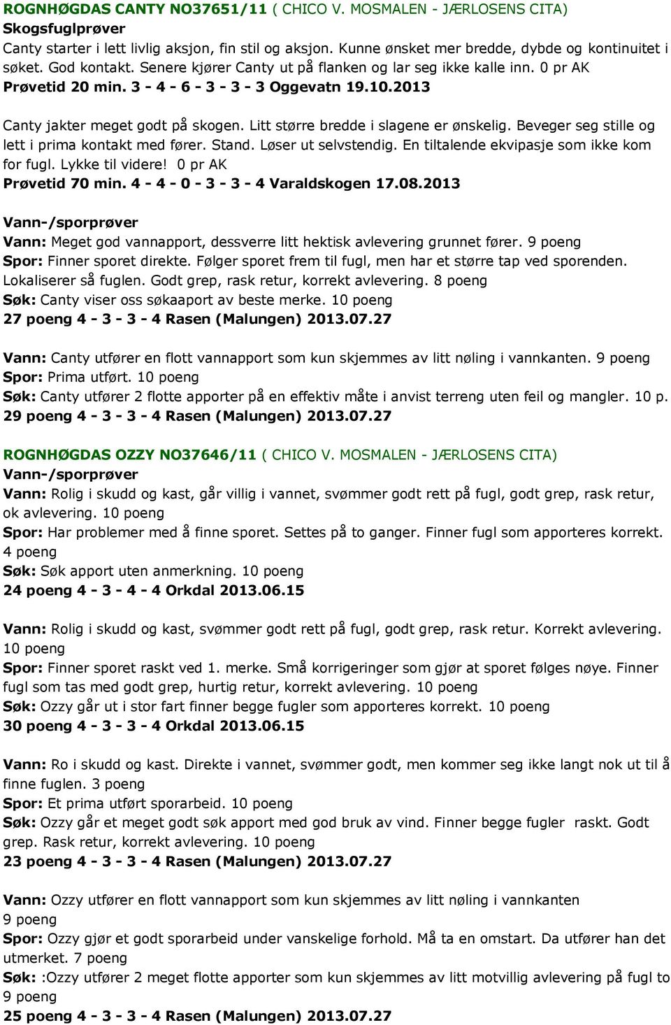 Litt større bredde i slagene er ønskelig. Beveger seg stille og lett i prima kontakt med fører. Stand. Løser ut selvstendig. En tiltalende ekvipasje som ikke kom for fugl. Lykke til videre!