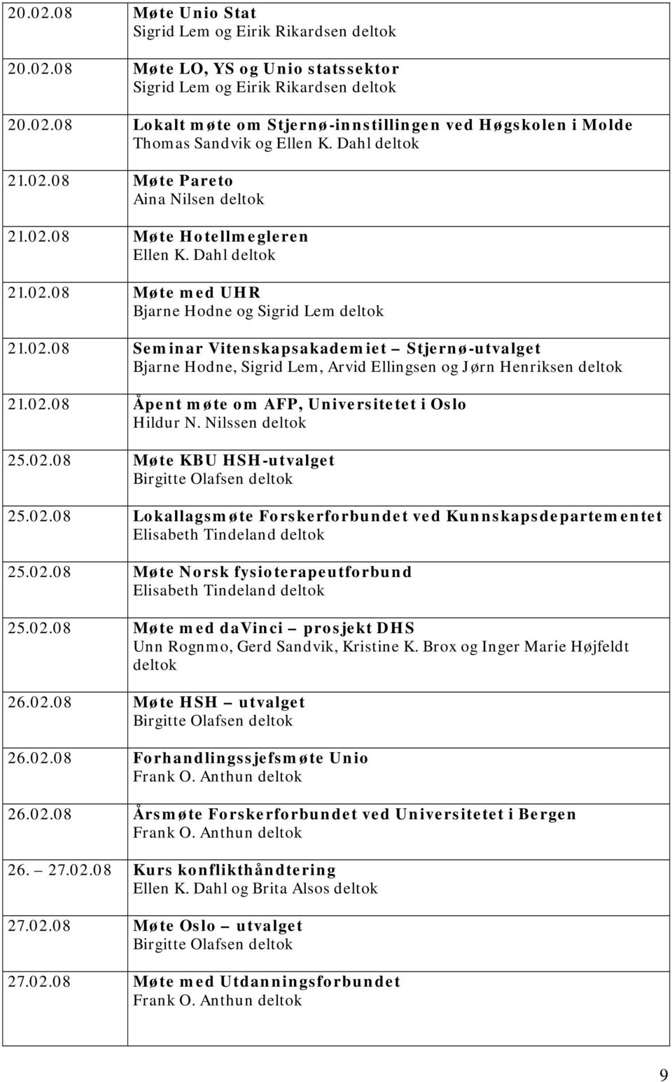 02.08 Åpent møte om AFP, Universitetet i Oslo Hildur N. Nilssen deltok 25.02.08 Møte KBU HSH-utvalget 25.02.08 Lokallagsmøte Forskerforbundet ved Kunnskapsdepartementet 25.02.08 Møte Norsk fysioterapeutforbund 25.