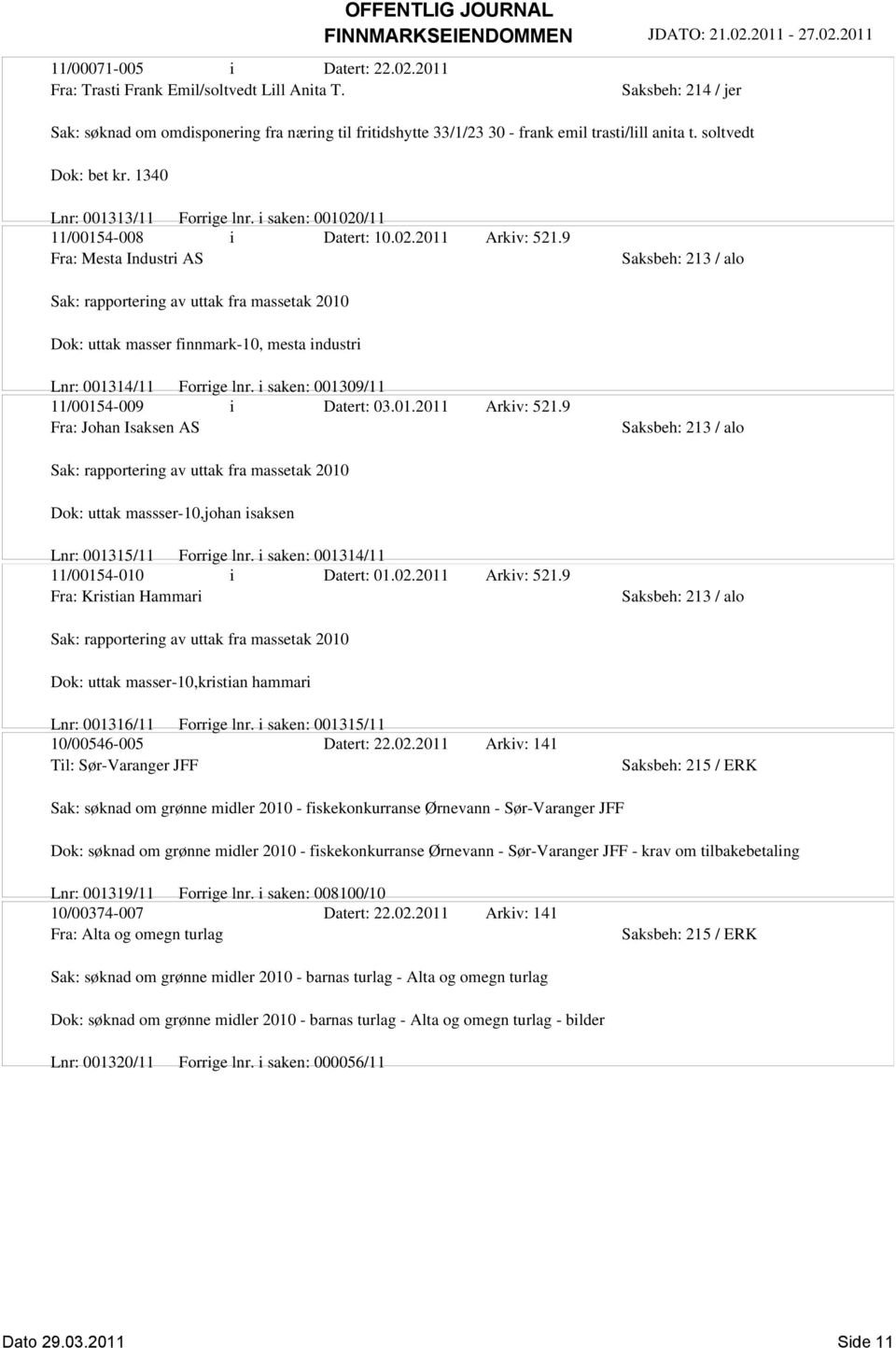 9 Fra: Mesta Industri AS Saksbeh: 213 / alo Sak: rapportering av uttak fra massetak 2010 Dok: uttak masser finnmark-10, mesta industri Lnr: 001314/11 Forrige lnr.