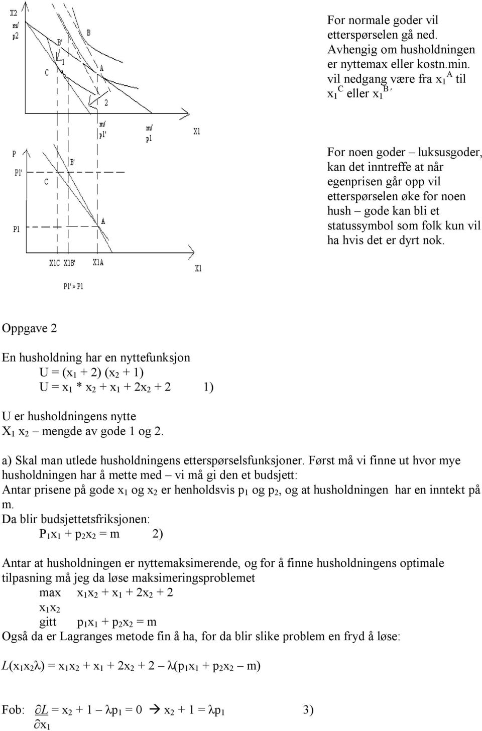 vil ha hvis det er dyrt nok. Oppgave 2 En husholdning har en nyttefunksjon U = (x 1 + 2) (x 2 + 1) U = x 1 * x 2 + x 1 + 2x 2 + 2 1) U er husholdningens nytte X 1 x 2 mengde av gode 1 og 2.