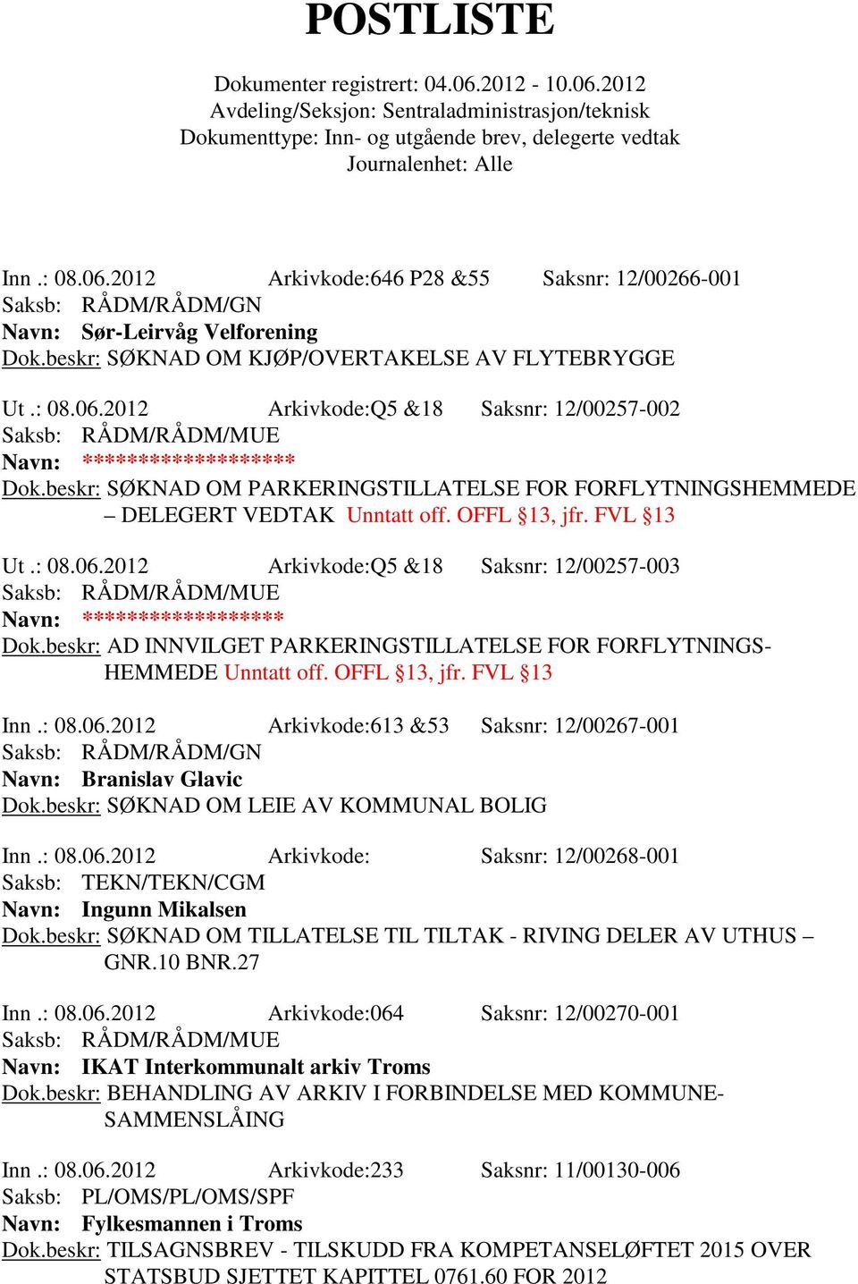 beskr: AD INNVILGET PARKERINGSTILLATELSE FOR FORFLYTNINGS- HEMMEDE Unntatt off. OFFL 13, jfr. FVL 13 Inn.: 08.06.2012 Arkivkode:613 &53 Saksnr: 12/00267-001 Navn: Branislav Glavic Dok.