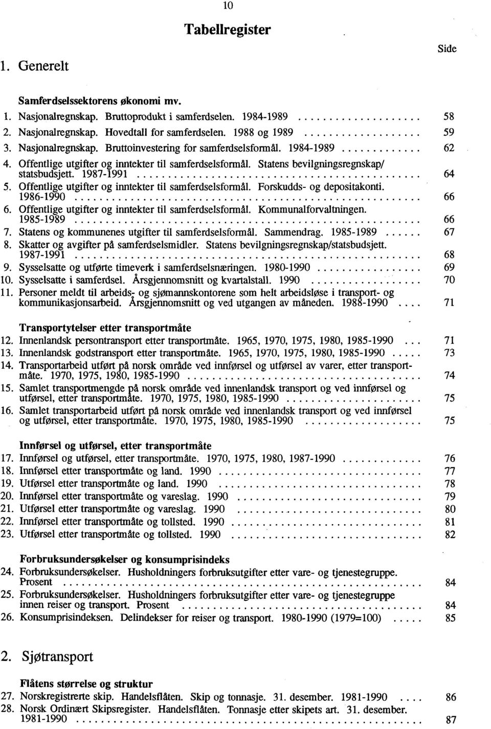 Offentlige utgifter og inntekter til samferdselsformål. Forskudds- og depositakonti. 1986-1990 66 6. Offentlige utgifter og inntekter til samferdselsforrral. Kommunalforvaltningen. 1985-1989 66 7.