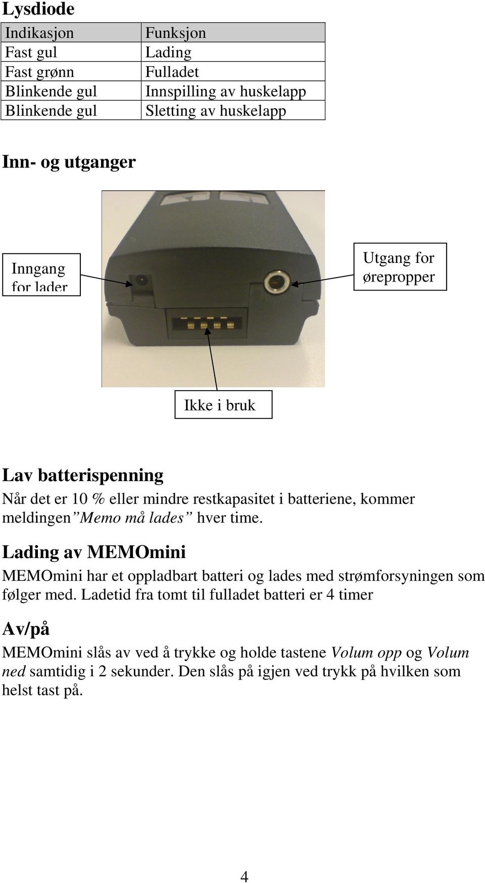 lades hver time. Lading av MEMOmini MEMOmini har et oppladbart batteri og lades med strømforsyningen som følger med.