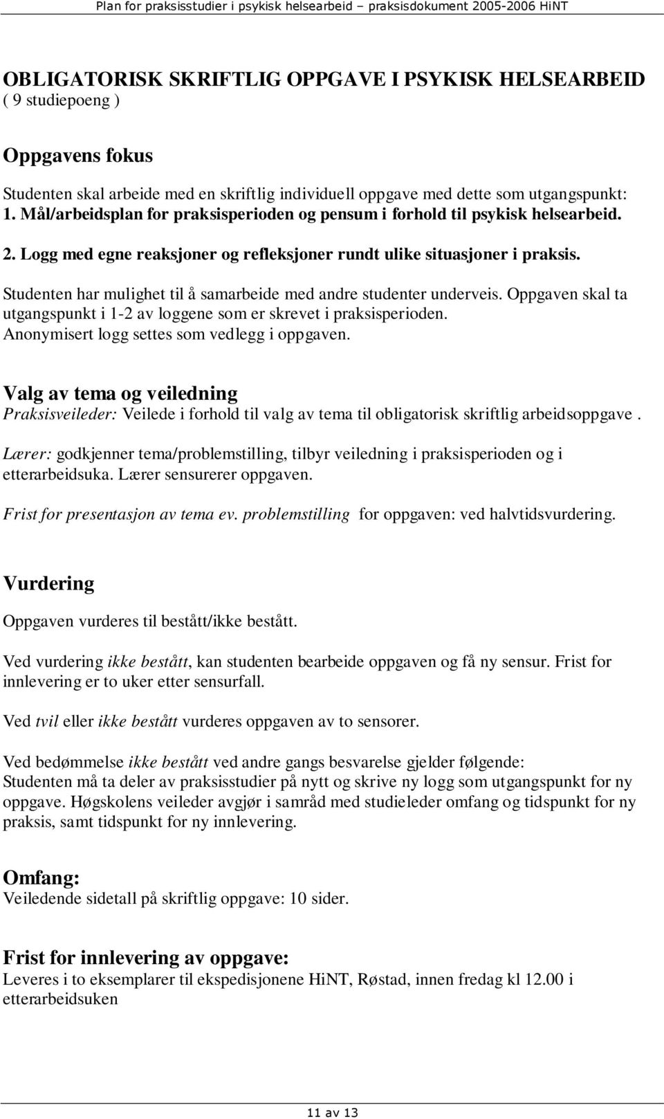 Studenten har mulighet til å samarbeide med andre studenter underveis. Oppgaven skal ta utgangspunkt i 1-2 av loggene som er skrevet i praksisperioden. Anonymisert logg settes som vedlegg i oppgaven.