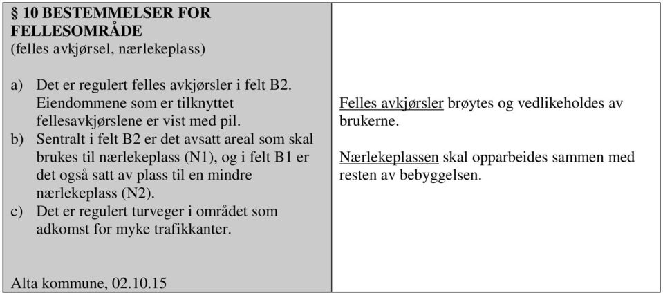 b) Sentralt i felt B2 er det avsatt areal som skal brukes til nærlekeplass (N1), og i felt B1 er det også satt av plass til en mindre