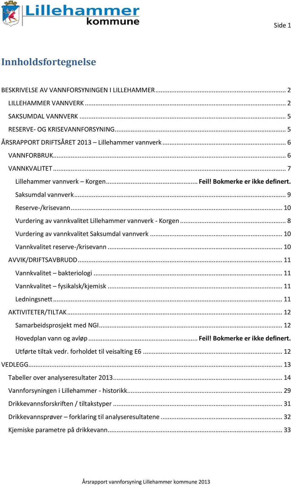 .. 10 Vurdering av vannkvalitet Lillehammer vannverk - Korgen... 8 Vurdering av vannkvalitet Saksumdal vannverk... 10 Vannkvalitet reserve-/krisevann... 10 AVVIK/DRIFTSAVBRUDD.