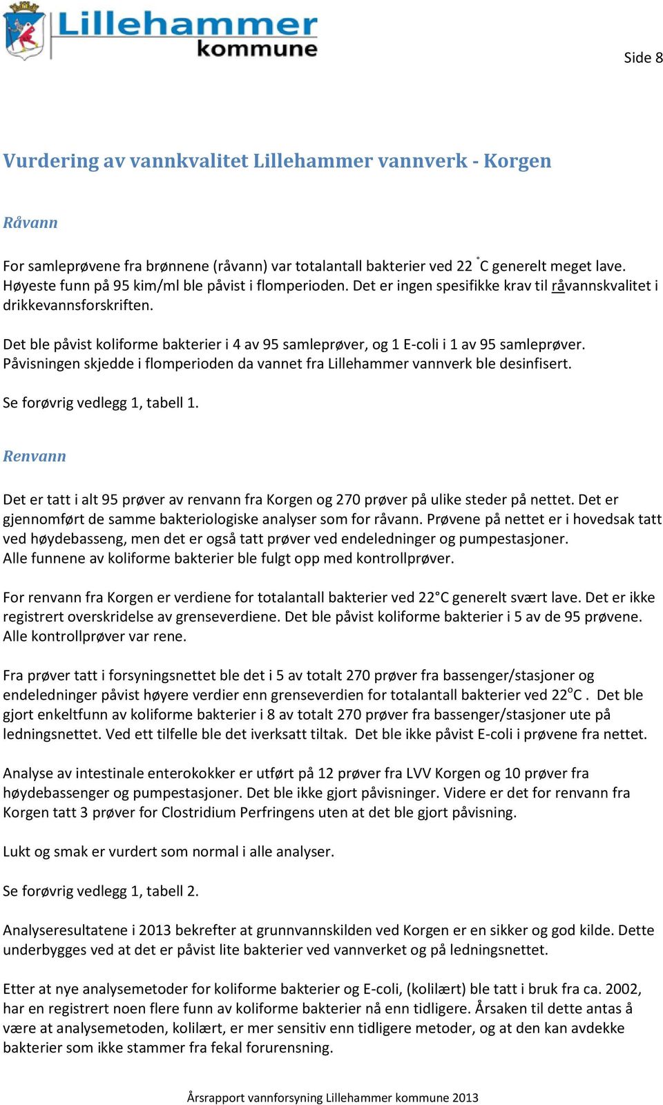 Det ble påvist koliforme bakterier i 4 av 95 samleprøver, og 1 E-coli i 1 av 95 samleprøver. Påvisningen skjedde i flomperioden da vannet fra Lillehammer vannverk ble desinfisert.