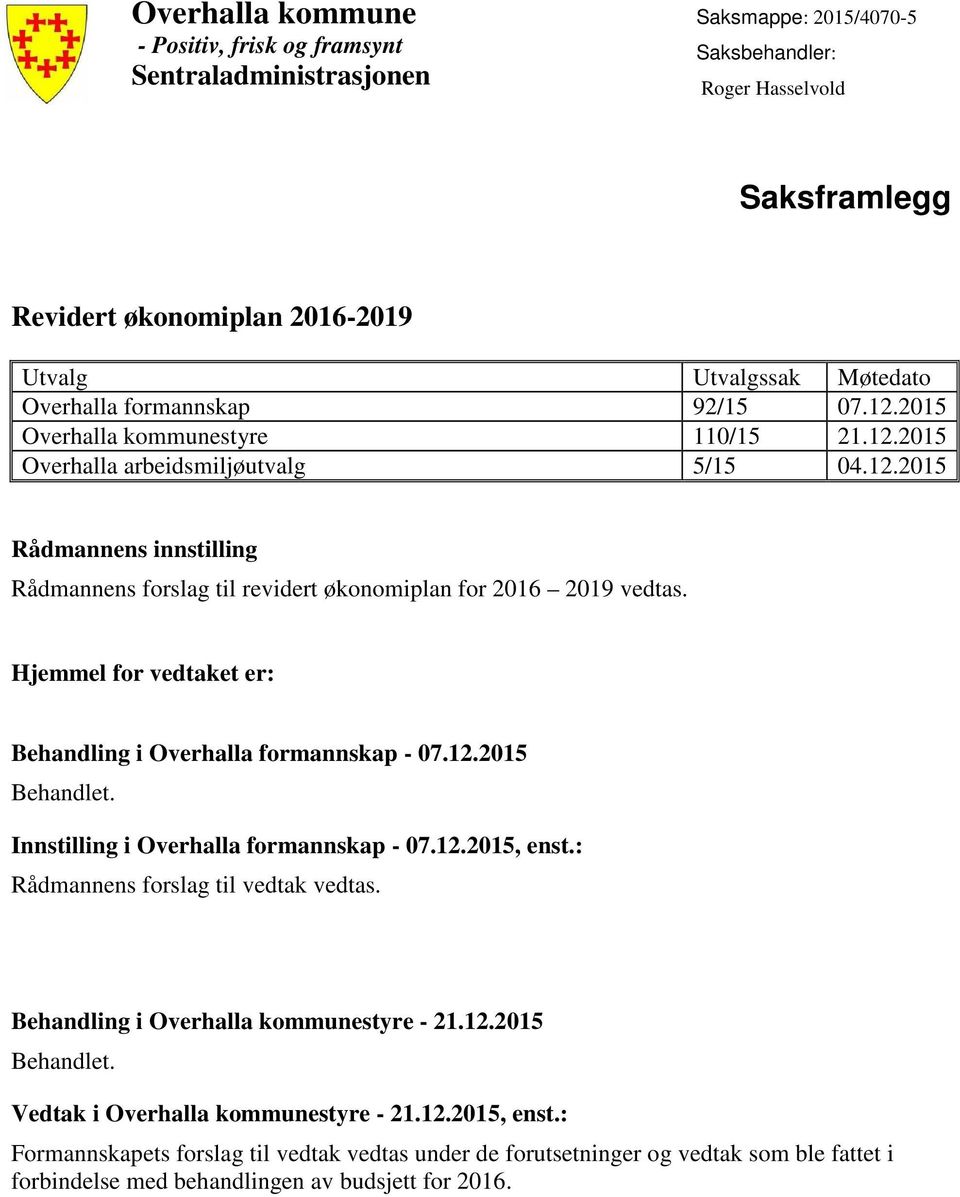 Hjemmel for vedtaket er: Behandling i Overhalla formannskap - 07.12.2015 Innstilling i Overhalla formannskap - 07.12.2015, enst.: Rådmannens forslag til vedtak vedtas.