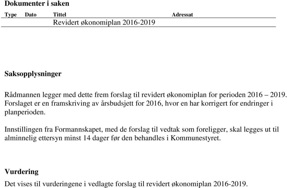 Forslaget er en framskriving av årsbudsjett for 2016, hvor en har korrigert for endringer i planperioden.