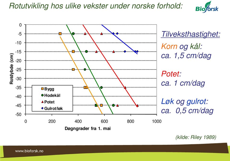 1 Døgngrader fra 1. mai Tilveksthastighet: Korn og kål: ca.