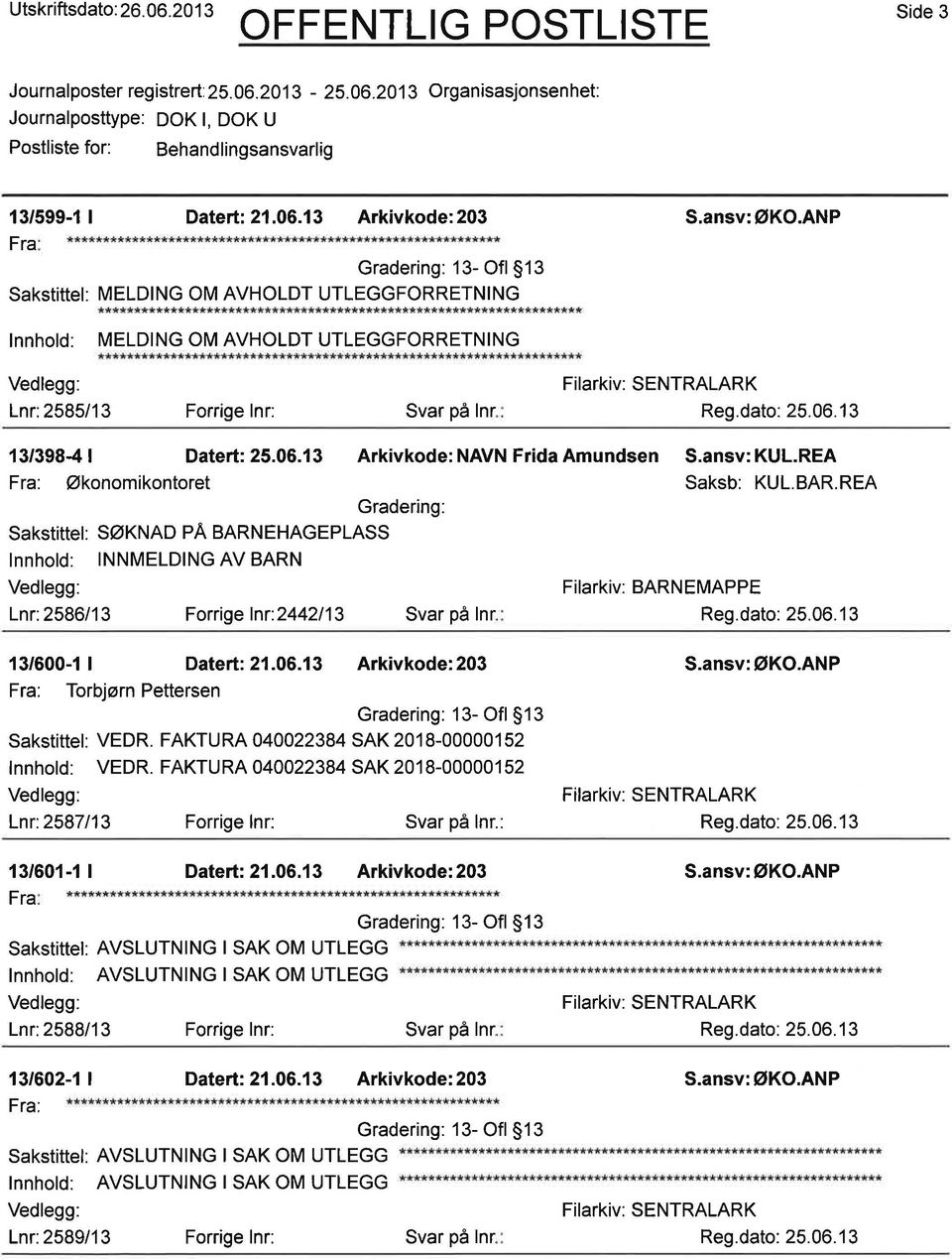 13 Fra: Økonomikontoret SAKStittCI: SøKNAD PA BARNEHAGEPLASS lnnhold: INNMELDING AV BARN Lnr: 2586/13 Forrige lnr:2442113 Arkivkode: NAVN Frida Amundsen S.ansv: KUL.REA Saksb: KUL.BAR.REA Filarkiv: BARNEMAPPE 13/600-1 I Datert:21.