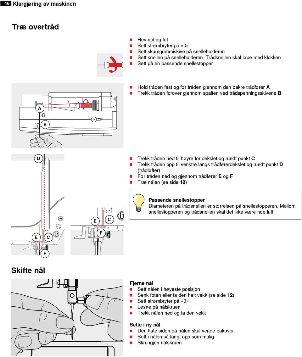 Trekk tråden ned til høyre for dekslet og rundt punkt C Trekk tråden opp til venstre langs trådførerdekslet og rundt punkt D (trådløfter) Før tråden ned og gjennom trådfører E og F Træ nålen (se side