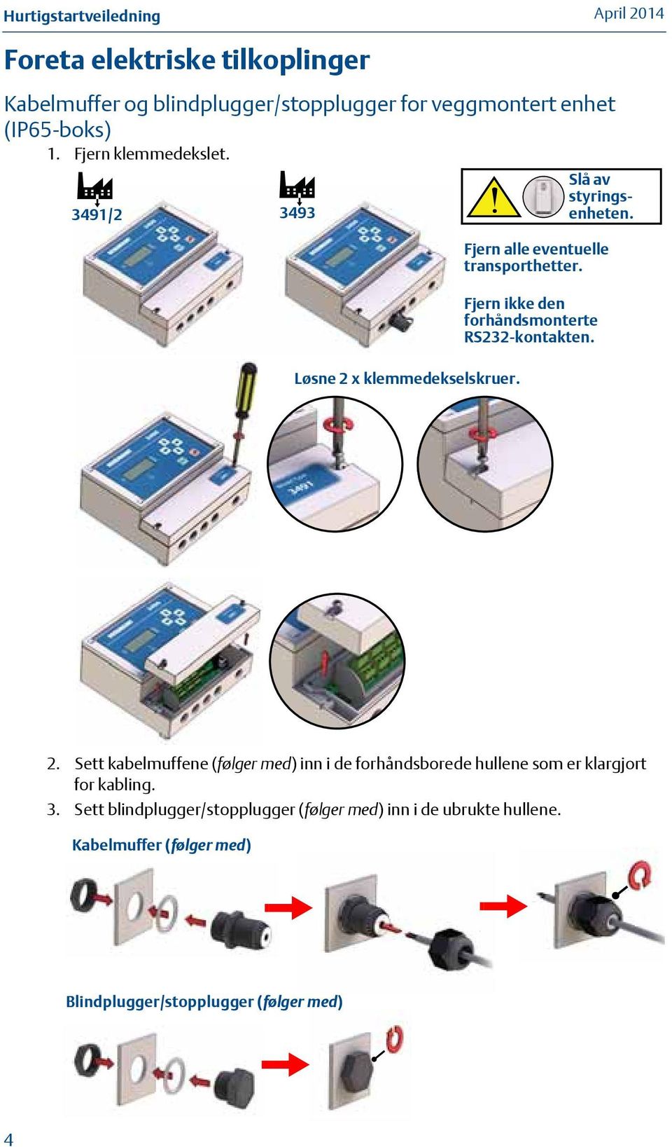 Løsne 2 x klemmedekselskruer. 2. Sett kabelmuffene (følger med) inn i de forhåndsborede hullene som er klargjort for kabling. 3.