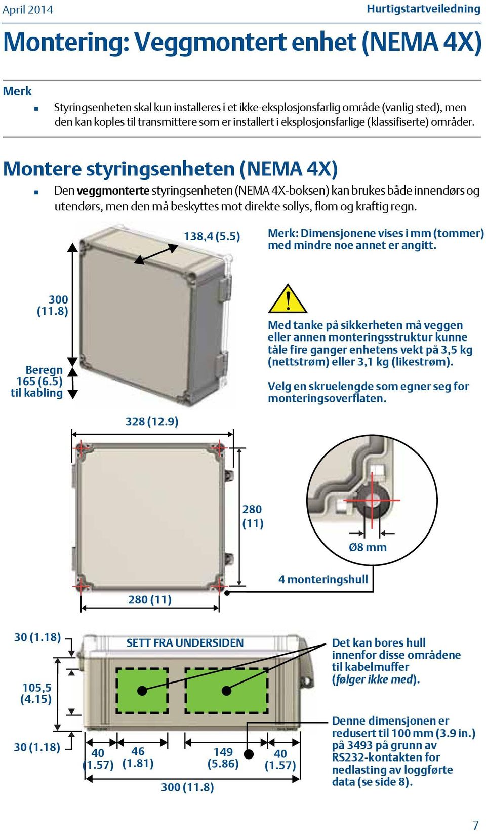 Montere styringsenheten (NEMA 4X) Den veggmonterte styringsenheten (NEMA 4X-boksen) kan brukes både innendørs og utendørs, men den må beskyttes mot direkte sollys, flom og kraftig regn. 138,4 (5.