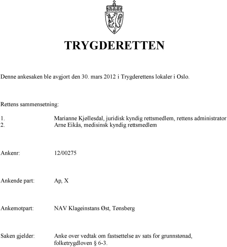 Arne Eikås, medisinsk kyndig rettsmedlem Ankenr: 12/00275 Ankende part:, X Ankemotpart: NAV