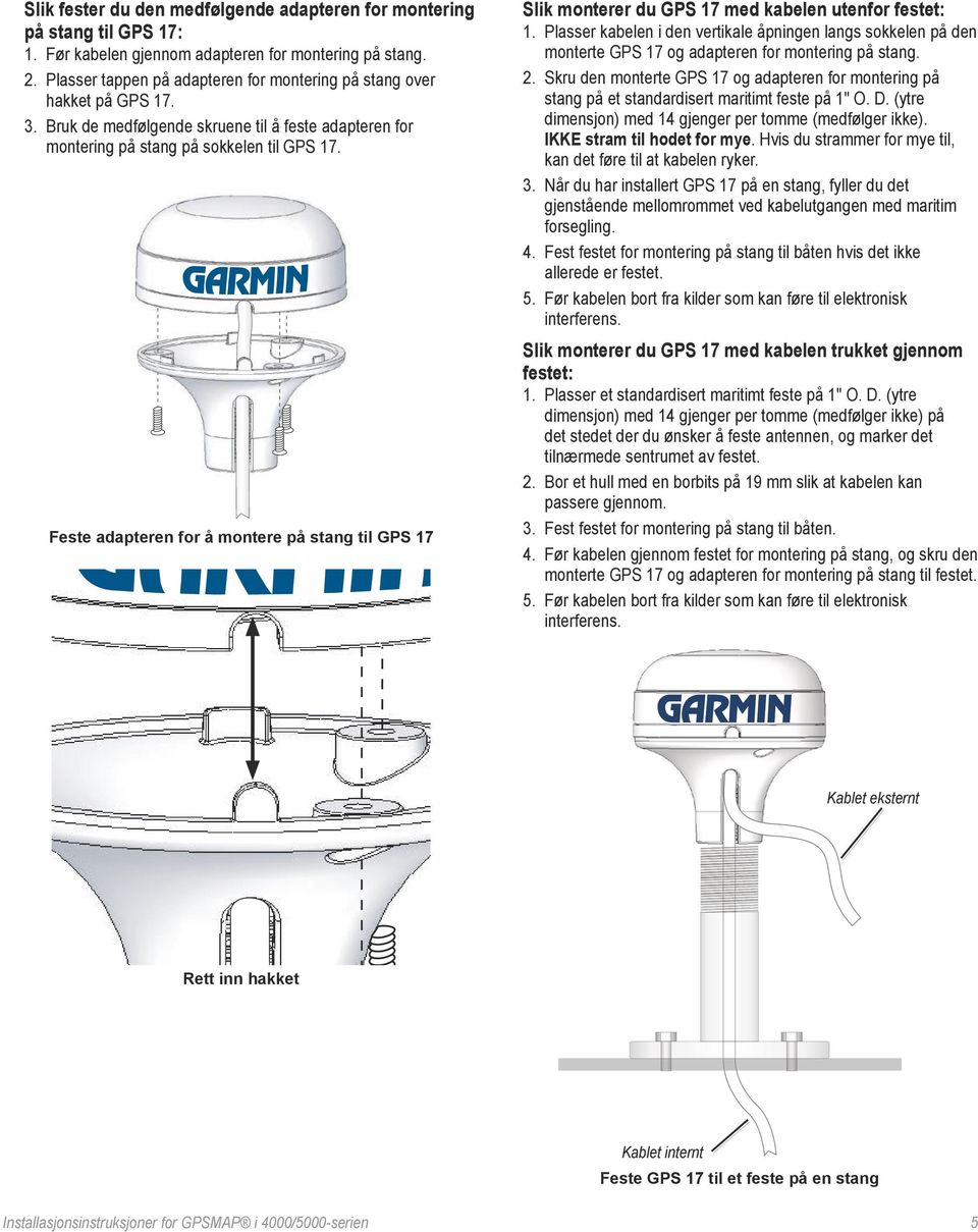 Feste adapteren for å montere på stang til GPS 17 Slik monterer du GPS 17 med kabelen utenfor festet: 1.