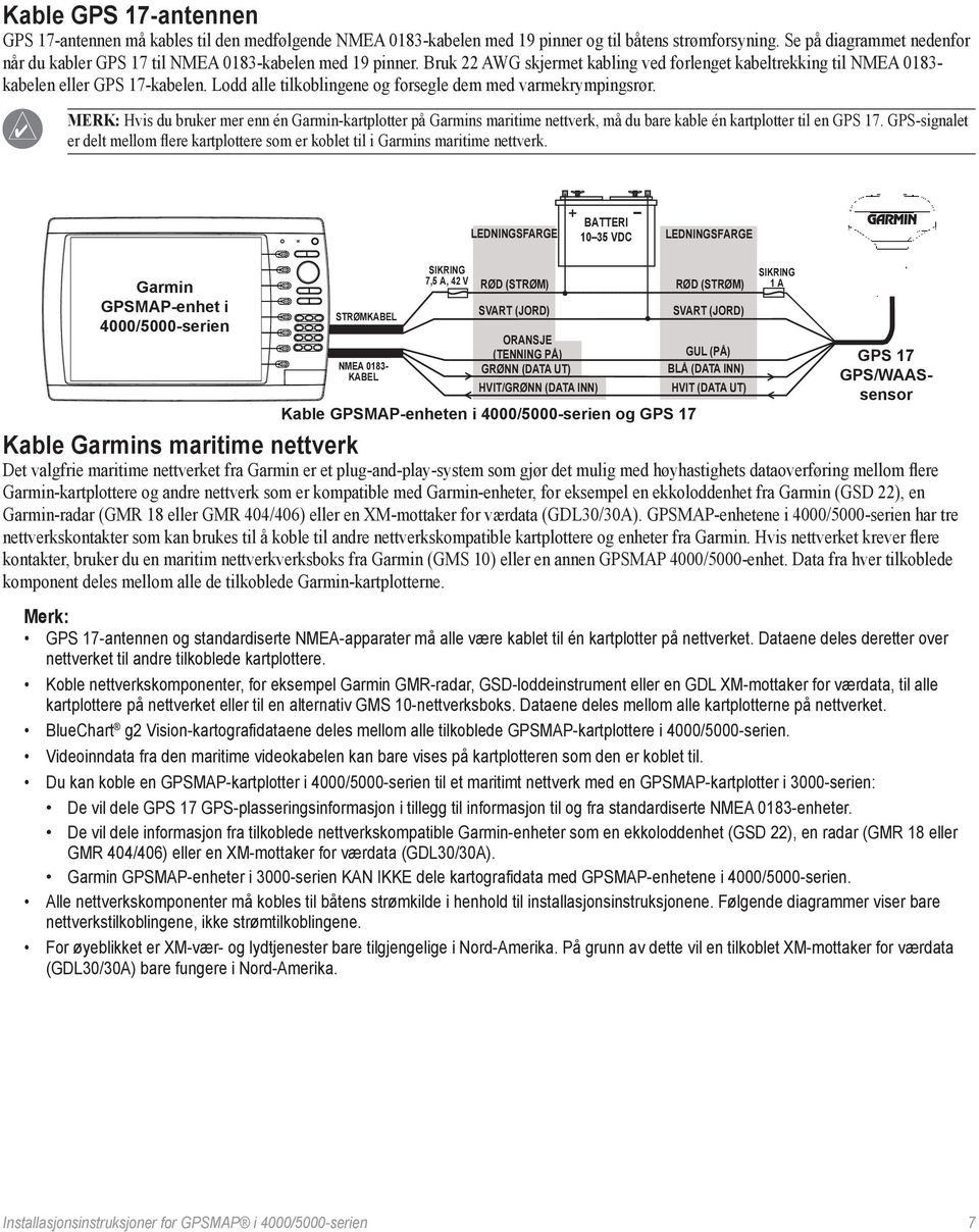 Merk: Hvis du bruker mer enn én Garmin-kartplotter på Garmins maritime nettverk, må du bare kable én kartplotter til en GPS 17.