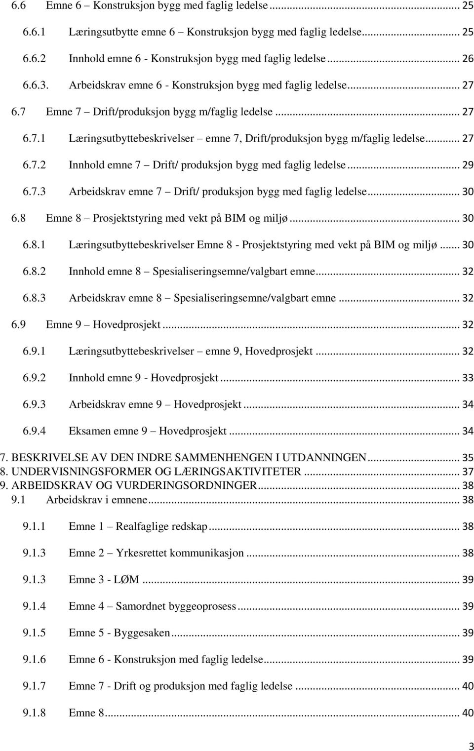 .. 27 6.7.2 Innhold emne 7 Drift/ produksjon bygg med faglig ledelse... 29 6.7.3 Arbeidskrav emne 7 Drift/ produksjon bygg med faglig ledelse... 30 6.8 Emne 8 Prosjektstyring med vekt på BIM og miljø.