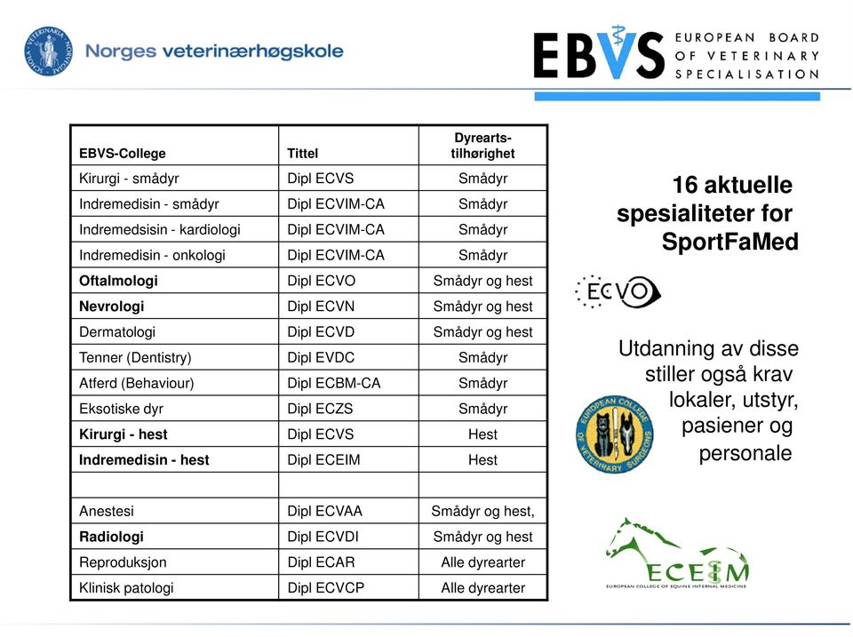 ECBM-CA Smådyr Eksotiske dyr Dipl ECZS Smådyr Kirurgi - hest Dipl ECVS Hest Indremedisin - hest Dipl ECEIM Hest 16 aktuelle spesialiteter for SportFaMed Utdanning av disse stiller også krav