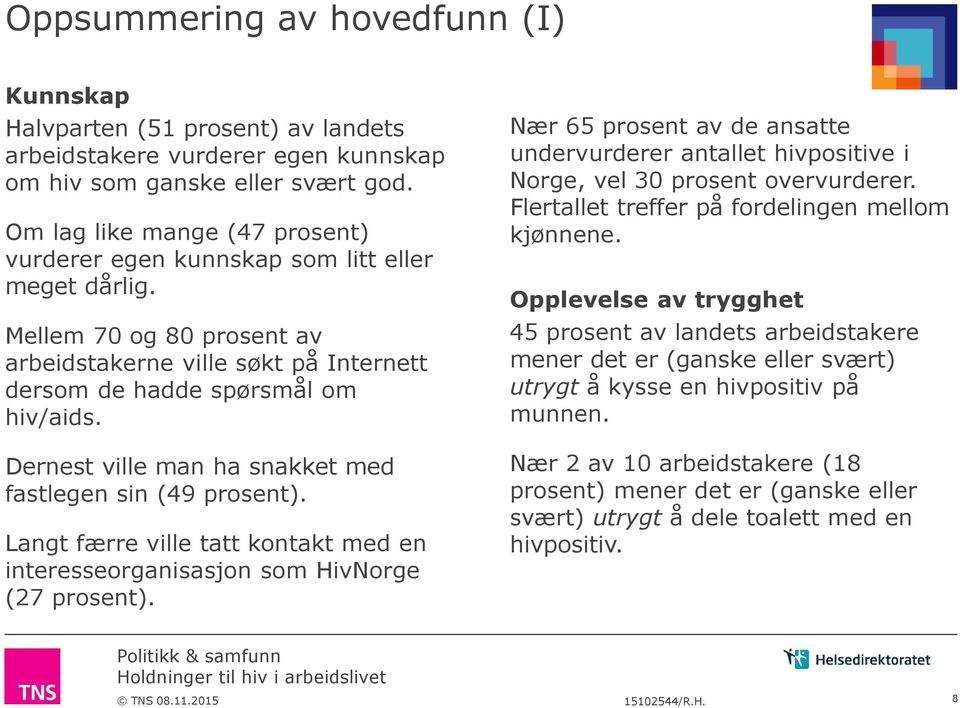 Dernest ville man ha snakket med fastlegen sin ( prosent). Langt færre ville tatt kontakt med en interesseorganisasjon som HivNorge ( prosent).