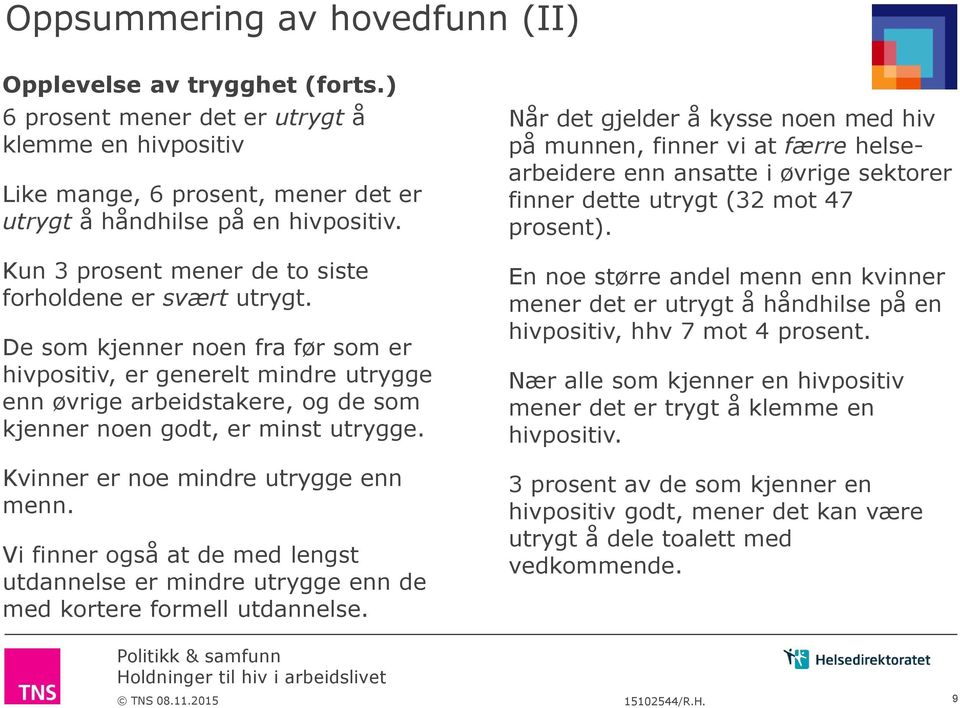 De som kjenner noen fra før som er hivpositiv, er generelt mindre utrygge enn øvrige arbeidstakere, og de som kjenner noen godt, er minst utrygge. r er noe mindre utrygge enn menn.