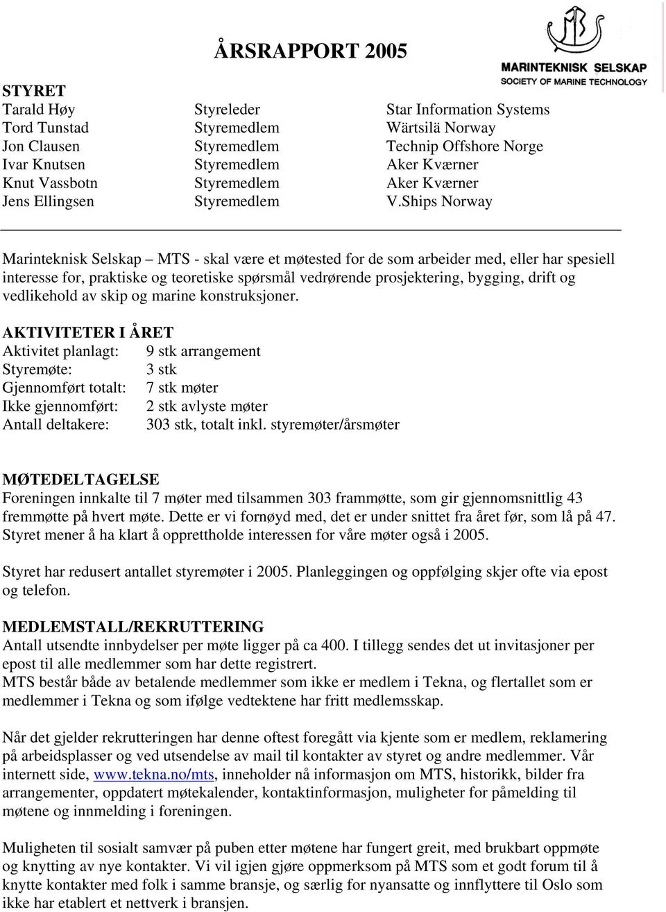 Ships Norway Marinteknisk Selskap MTS - skal være et møtested for de som arbeider med, eller har spesiell interesse for, praktiske og teoretiske spørsmål vedrørende prosjektering, bygging, drift og