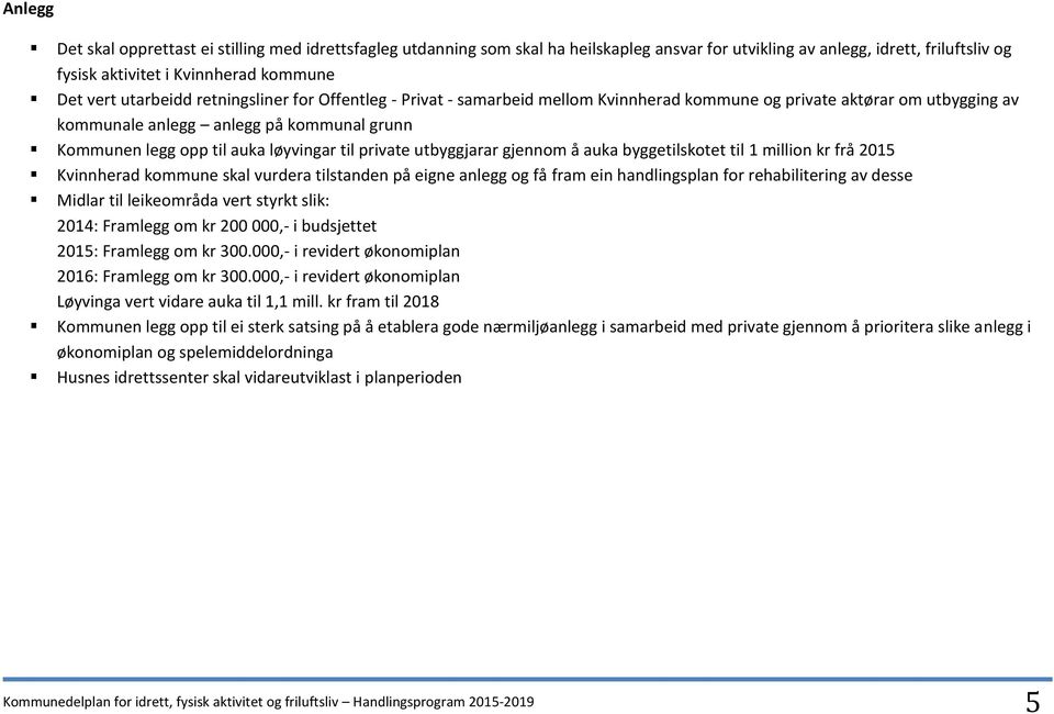 til private utbyggjarar gjennom å auka byggetilskotet til 1 million kr frå 2015 Kvinnherad kommune skal vurdera tilstanden på eigne anlegg og få fram ein handlingsplan for rehabilitering av desse