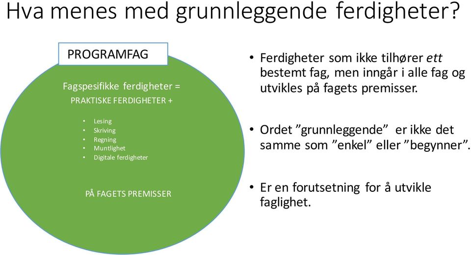 bestemt fag, men inngår i alle fag og utvikles på fagets premisser.