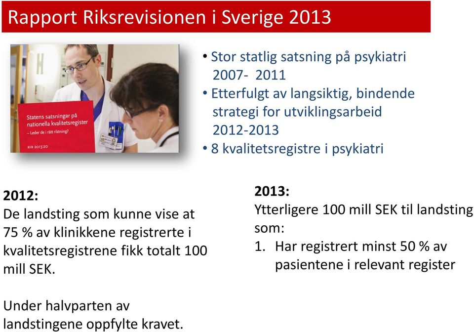 at 75 % av klinikkene registrerte i kvalitetsregistrene fikk totalt 100 mill SEK.