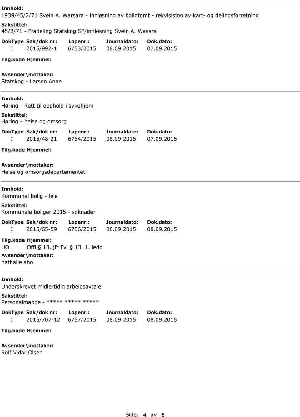 Wasara 2015/992-1 6753/2015 Statskog - Larsen Anne Høring - Rett til opphold i sykehjem Høring - helse og omsorg 2015/48-21 6754/2015 Helse og