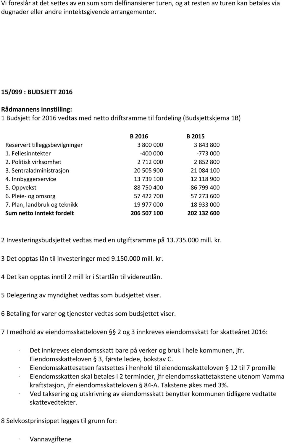 Fellesinntekter -400 000-773 000 2. Politisk virksomhet 2 712 000 2 852 800 3. Sentraladministrasjon 20 505 900 21 084 100 4. Innbyggerservice 13 739 100 12 118 900 5.