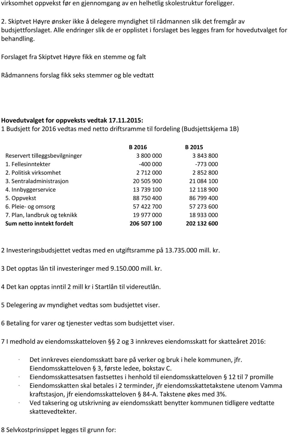 Forslaget fra Skiptvet Høyre fikk en stemme og falt Rådmannens forslag fikk seks stemmer og ble vedtatt Hovedutvalget for oppveksts vedtak 17.11.