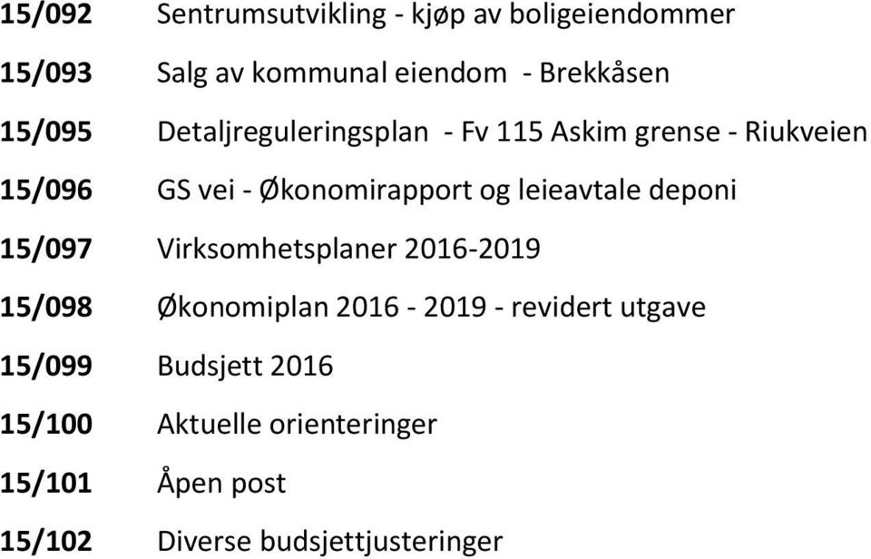 leieavtale deponi 15/097 Virksomhetsplaner 2016-2019 15/098 Økonomiplan 2016-2019 - revidert