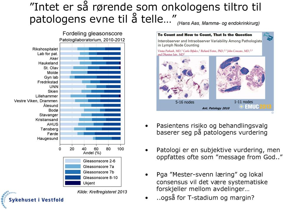 Olav Molde Gyn lab Fredrikstad UNN Skien Lillehammer Vestre Viken, Drammen Ålesund Bodø Stavanger Kristiansand AHUS Tønsberg Førde Haugesund 0 20 40 60 80 100 Andel (%) Gleasonscore 2-6