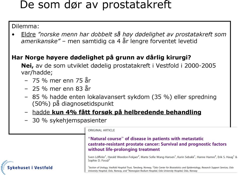 Nei, av de som utviklet dødelig prostatakreft i Vestfold i 2000-2005 var/hadde; 75 % mer enn 75 år 25 % mer enn 83 år 85 %