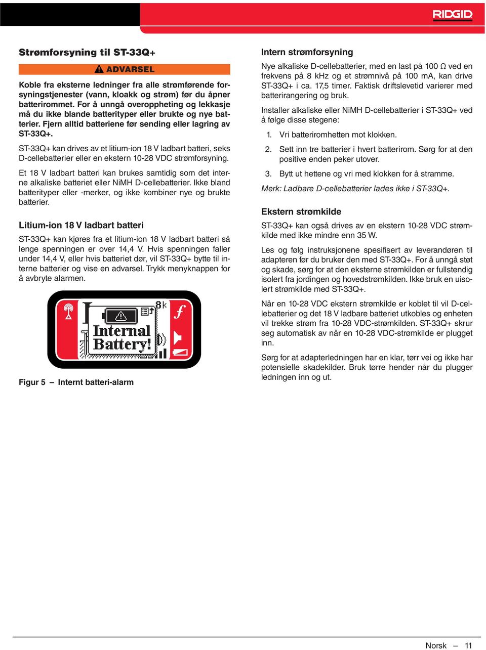 ST-33Q+ kan drives av et litium-ion 18 V ladbart batteri, seks D-cellebatterier eller en ekstern 10-28 VDC strømforsyning.