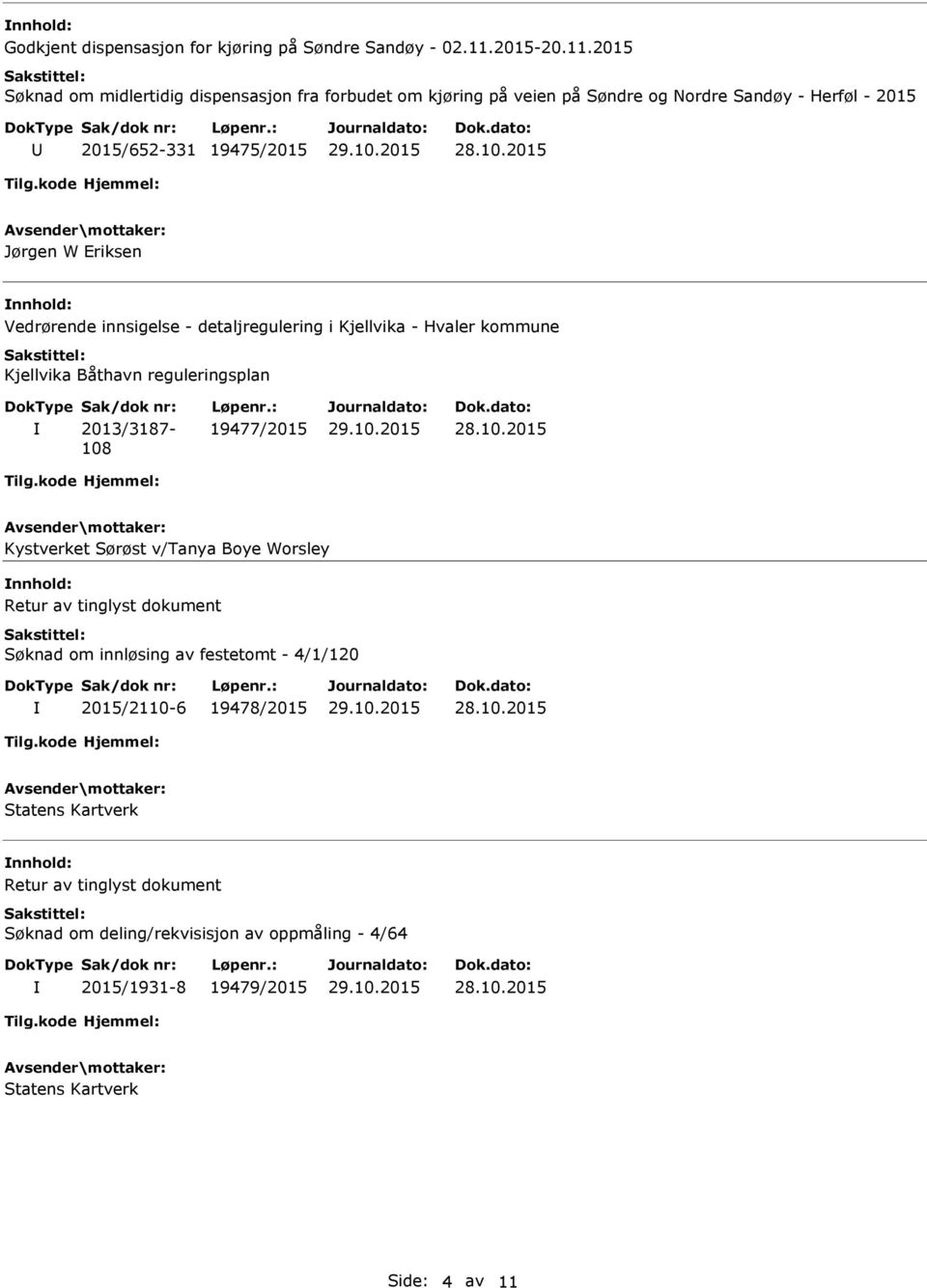 2015 Søknad om midlertidig dispensasjon fra forbudet om kjøring på veien på Søndre og Nordre Sandøy - Herføl - 2015 2015/652-331 19475/2015 Jørgen W Eriksen nnhold: