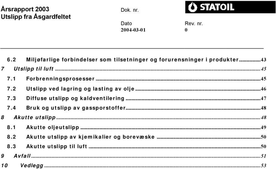 3 Diffuse utslipp og kaldventilering...47 7.4 Bruk og utslipp av gassporstoffer...48 8 Akutte utslipp...48 8.1 Akutte oljeutslipp.