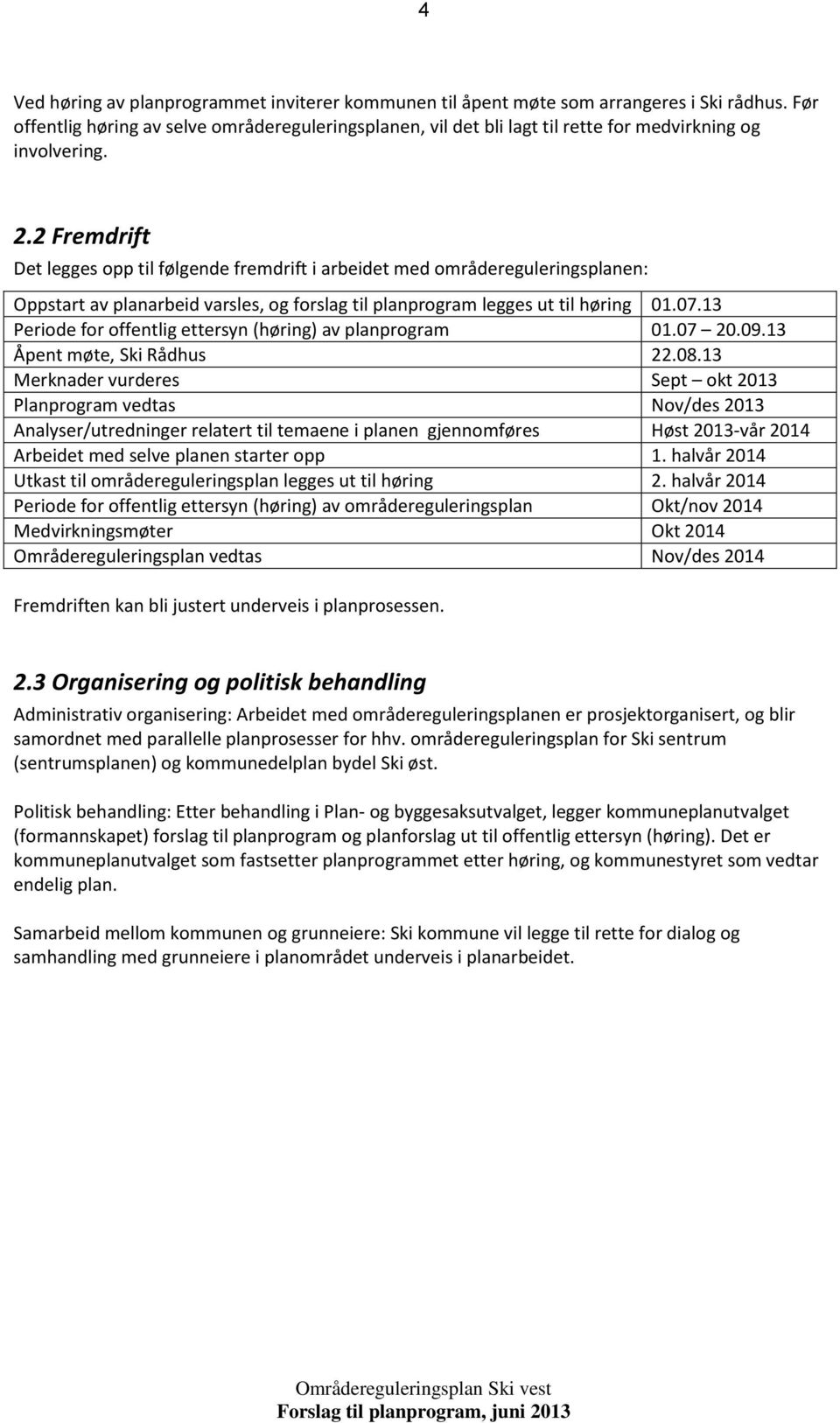 13 Peride fr ffentlig ettersyn (høring) av planprgram 01.07 20.09.13 Åpent møte, Ski Rådhus 22.08.