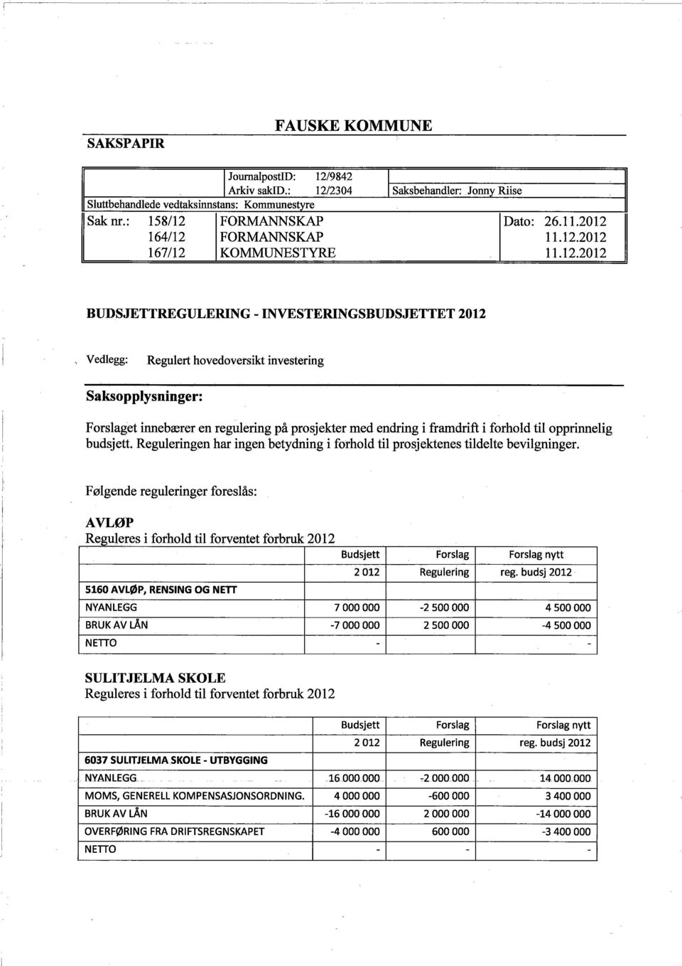 regulering på prosjekter med endring i framdrift i forhold til opprinnelig budsjett. Reguleringen har ingen betydning i forhold til prosjektenes tildelte bevilgninger.