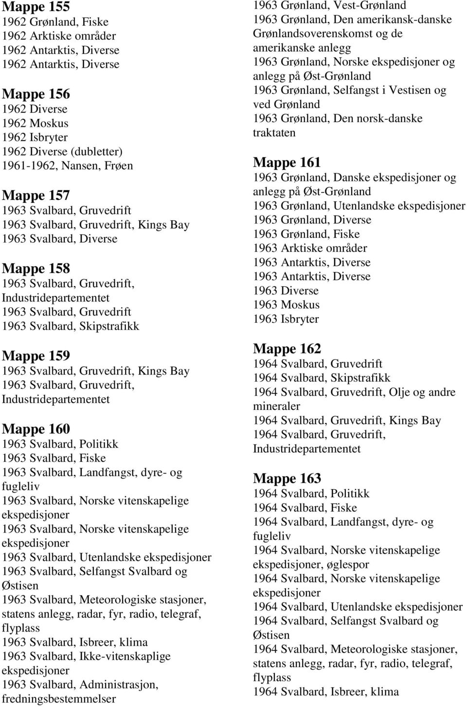 Skipstrafikk Mappe 159 1963 Svalbard, Gruvedrift, Kings Bay 1963 Svalbard, Gruvedrift, Industridepartementet Mappe 160 1963 Svalbard, Politikk 1963 Svalbard, Fiske 1963 Svalbard, Landfangst, dyre- og